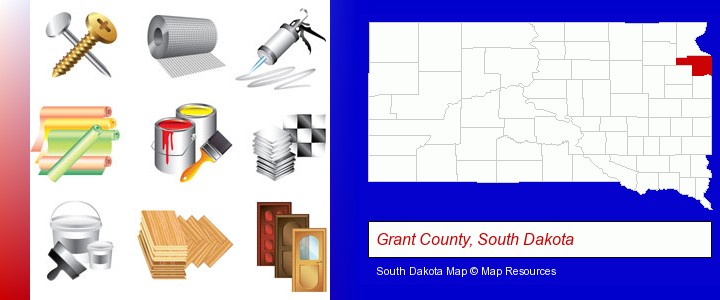representative building materials; Grant County, South Dakota highlighted in red on a map