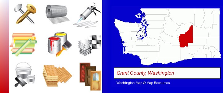 representative building materials; Grant County, Washington highlighted in red on a map