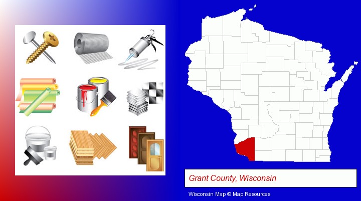 representative building materials; Grant County, Wisconsin highlighted in red on a map