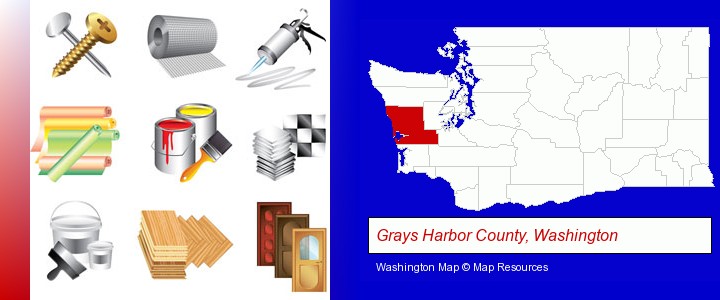 representative building materials; Grays Harbor County, Washington highlighted in red on a map