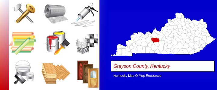 representative building materials; Grayson County, Kentucky highlighted in red on a map