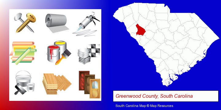 representative building materials; Greenwood County, South Carolina highlighted in red on a map