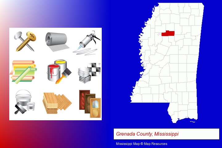 representative building materials; Grenada County, Mississippi highlighted in red on a map