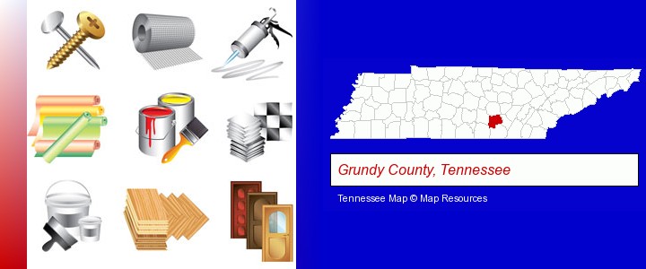 representative building materials; Grundy County, Tennessee highlighted in red on a map