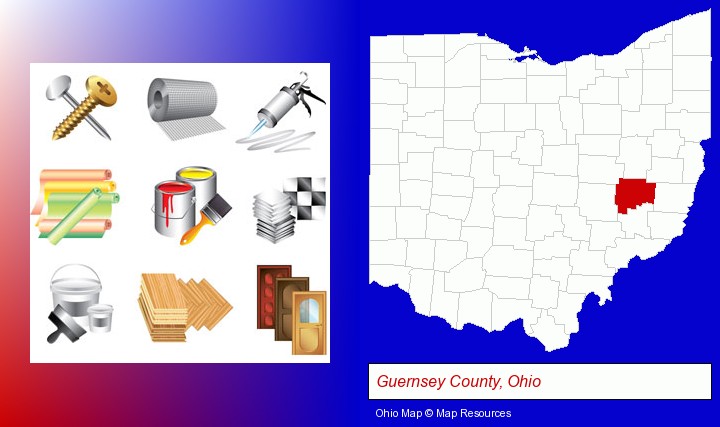representative building materials; Guernsey County, Ohio highlighted in red on a map