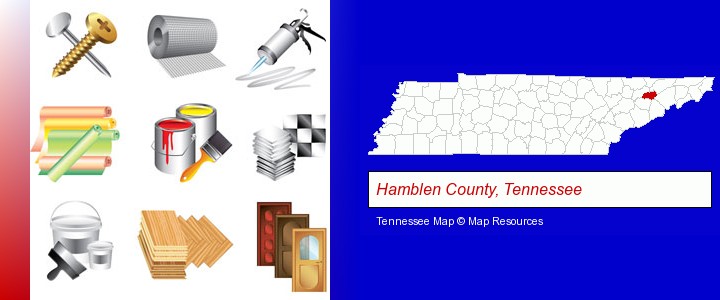 representative building materials; Hamblen County, Tennessee highlighted in red on a map