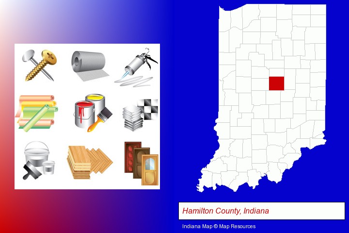 representative building materials; Hamilton County, Indiana highlighted in red on a map