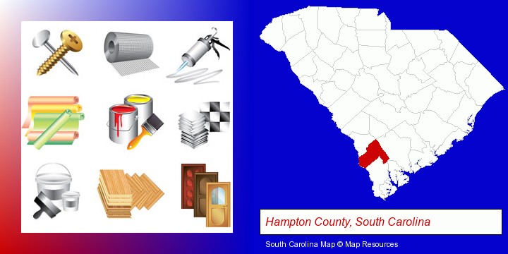 representative building materials; Hampton County, South Carolina highlighted in red on a map