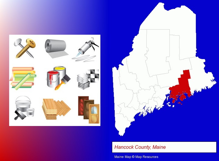 representative building materials; Hancock County, Maine highlighted in red on a map