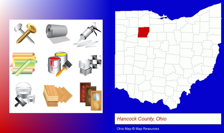 representative building materials; Hancock County, Ohio highlighted in red on a map