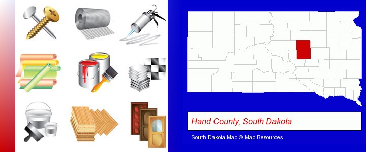 representative building materials; Hand County, South Dakota highlighted in red on a map