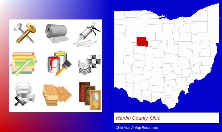 representative building materials; Hardin County, Ohio highlighted in red on a map
