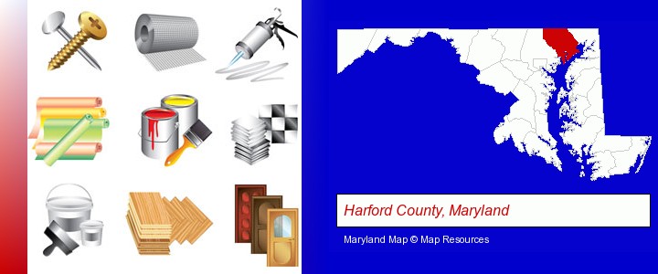 representative building materials; Harford County, Maryland highlighted in red on a map
