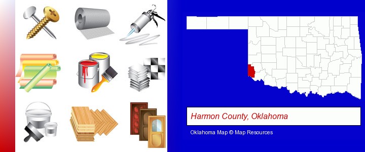 representative building materials; Harmon County, Oklahoma highlighted in red on a map