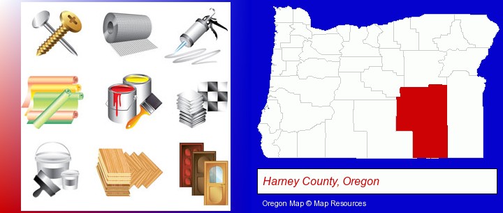 representative building materials; Harney County, Oregon highlighted in red on a map