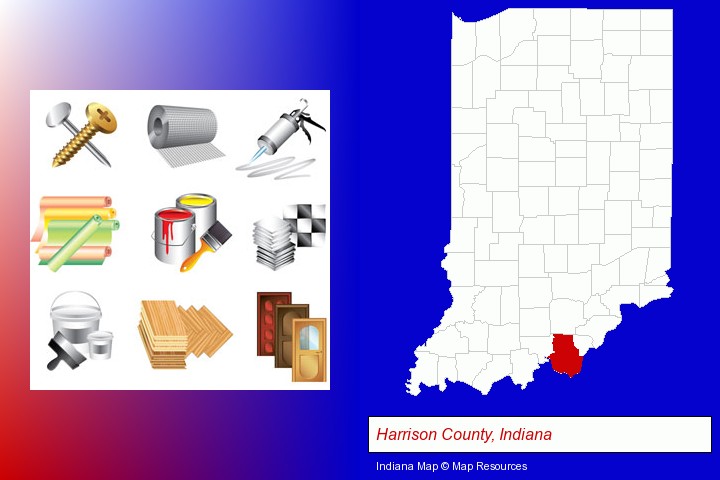 representative building materials; Harrison County, Indiana highlighted in red on a map