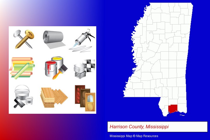 representative building materials; Harrison County, Mississippi highlighted in red on a map