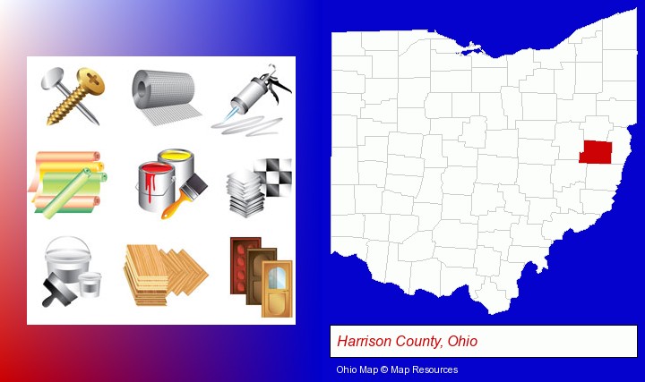 representative building materials; Harrison County, Ohio highlighted in red on a map
