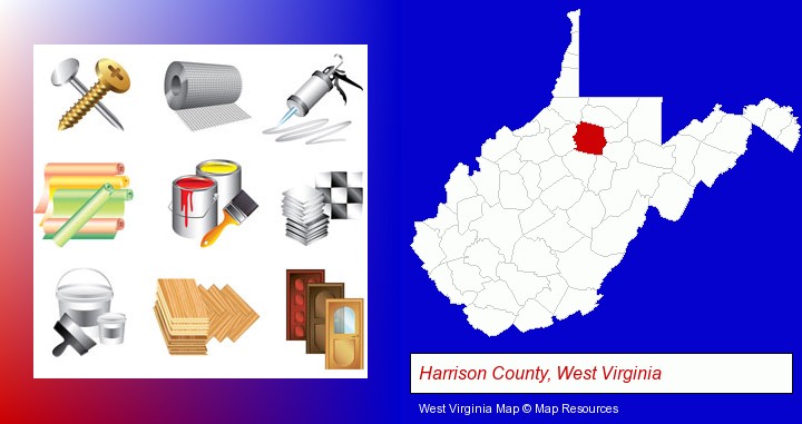 representative building materials; Harrison County, West Virginia highlighted in red on a map