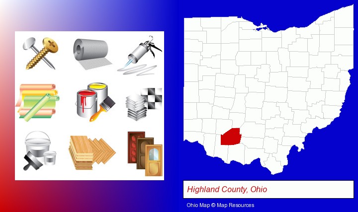 representative building materials; Highland County, Ohio highlighted in red on a map