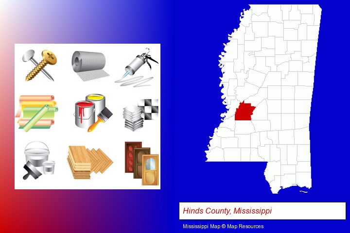 representative building materials; Hinds County, Mississippi highlighted in red on a map