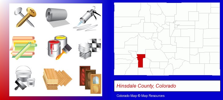 representative building materials; Hinsdale County, Colorado highlighted in red on a map