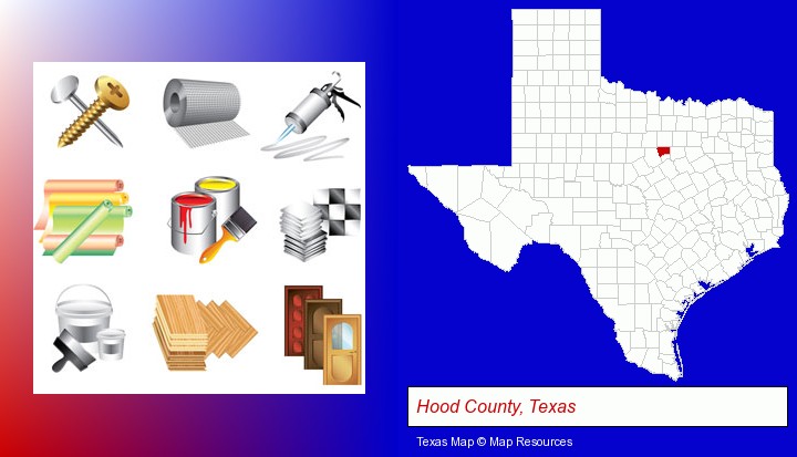 representative building materials; Hood County, Texas highlighted in red on a map