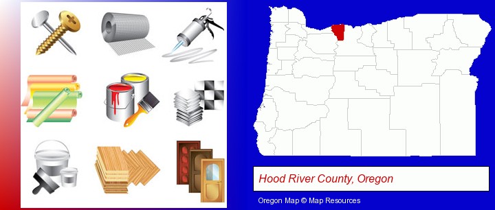 representative building materials; Hood River County, Oregon highlighted in red on a map