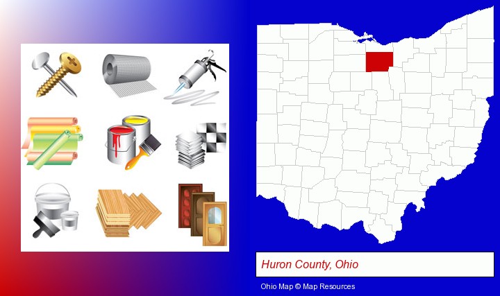 representative building materials; Huron County, Ohio highlighted in red on a map