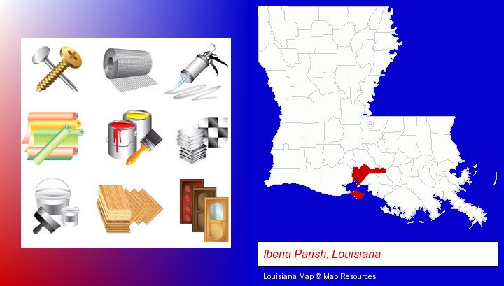 representative building materials; Iberia Parish, Louisiana highlighted in red on a map
