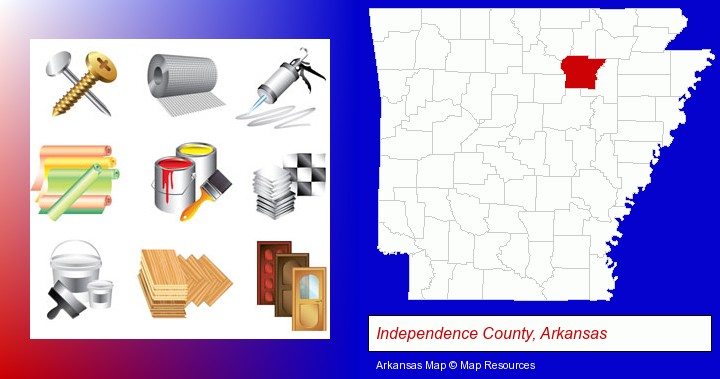 representative building materials; Independence County, Arkansas highlighted in red on a map