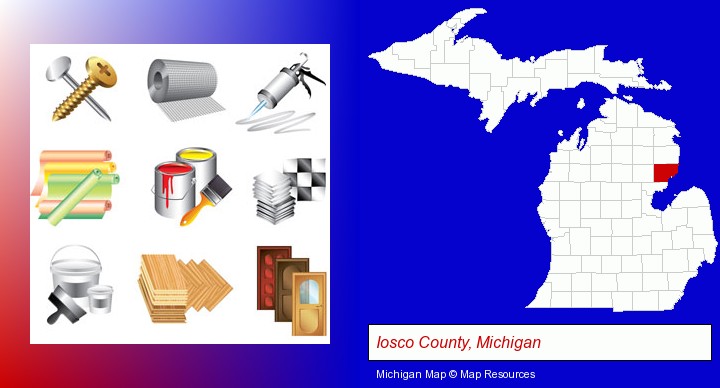 representative building materials; Iosco County, Michigan highlighted in red on a map