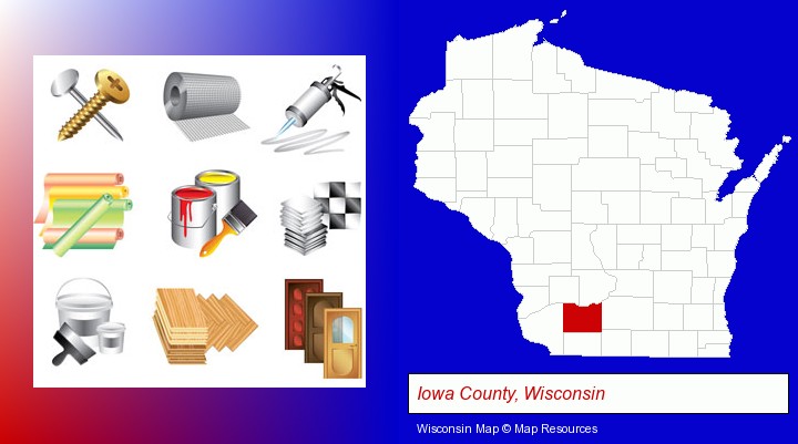 representative building materials; Iowa County, Wisconsin highlighted in red on a map