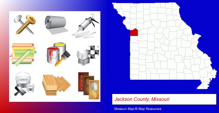 representative building materials; Jackson County, Missouri highlighted in red on a map