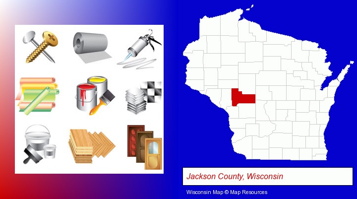 representative building materials; Jackson County, Wisconsin highlighted in red on a map