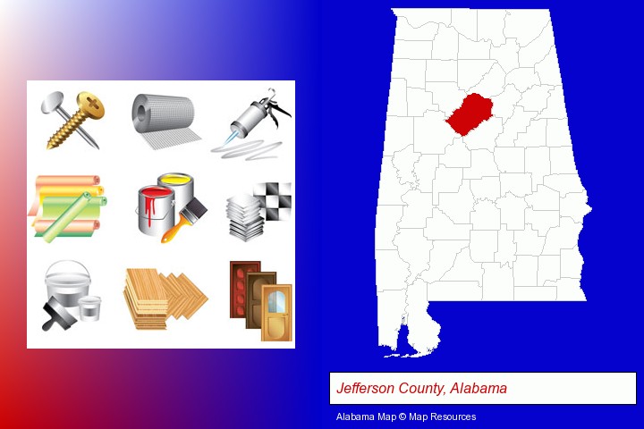 representative building materials; Jefferson County, Alabama highlighted in red on a map