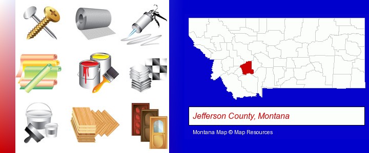 representative building materials; Jefferson County, Montana highlighted in red on a map