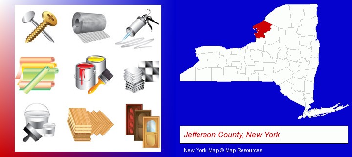representative building materials; Jefferson County, New York highlighted in red on a map