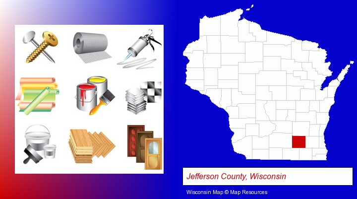representative building materials; Jefferson County, Wisconsin highlighted in red on a map