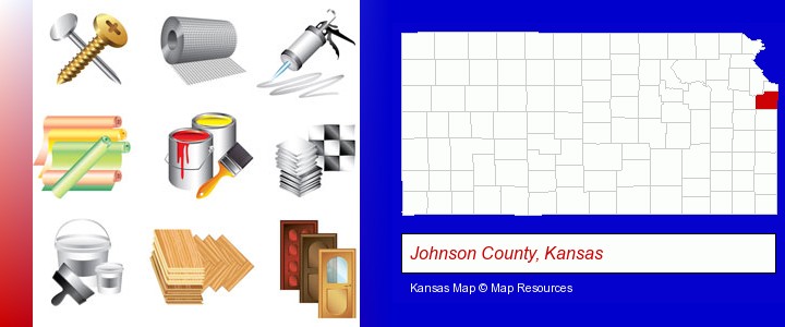 representative building materials; Johnson County, Kansas highlighted in red on a map