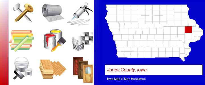 representative building materials; Jones County, Iowa highlighted in red on a map