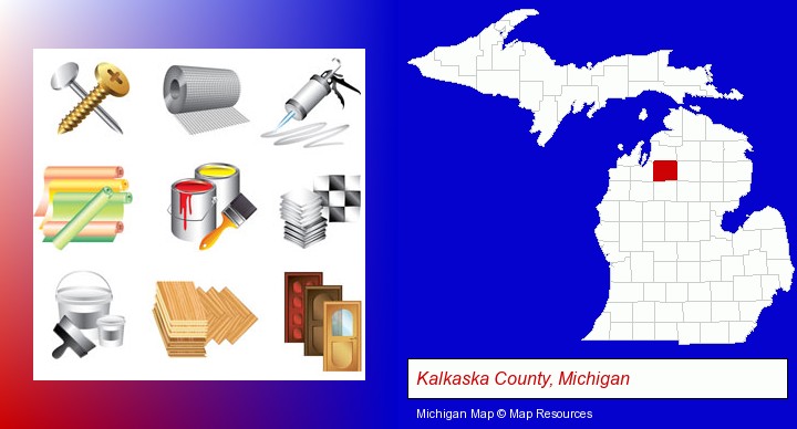 representative building materials; Kalkaska County, Michigan highlighted in red on a map