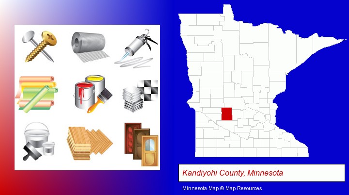 representative building materials; Kandiyohi County, Minnesota highlighted in red on a map