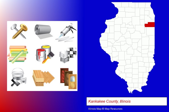 representative building materials; Kankakee County, Illinois highlighted in red on a map