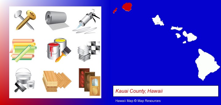 representative building materials; Kauai County, Hawaii highlighted in red on a map