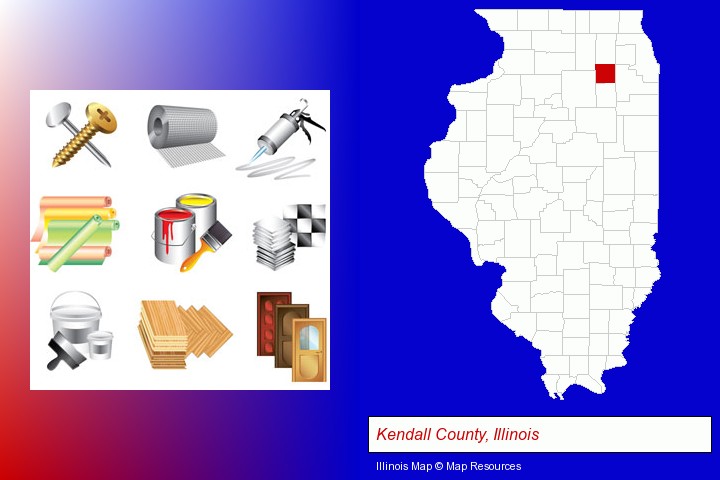 representative building materials; Kendall County, Illinois highlighted in red on a map