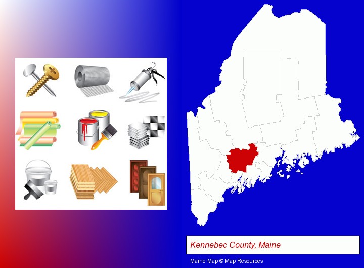 representative building materials; Kennebec County, Maine highlighted in red on a map