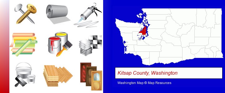 representative building materials; Kitsap County, Washington highlighted in red on a map