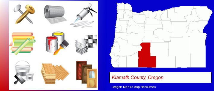 representative building materials; Klamath County, Oregon highlighted in red on a map