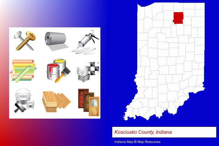representative building materials; Kosciusko County, Indiana highlighted in red on a map
